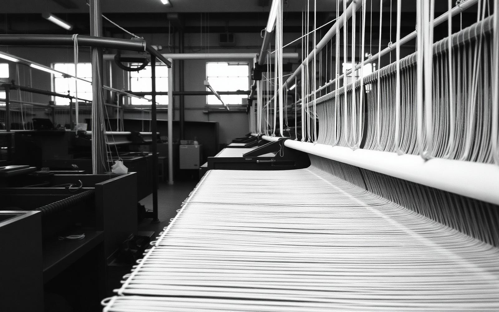 福井の繊維産業を想起させる織機とたて糸のモノクロ写真