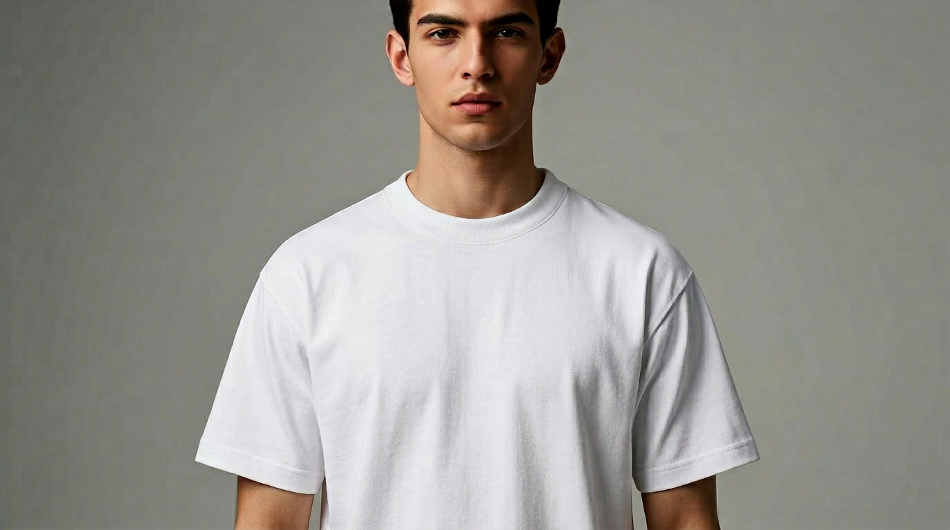 白いヘビーウェイトTシャツを着用したモデルのアップ