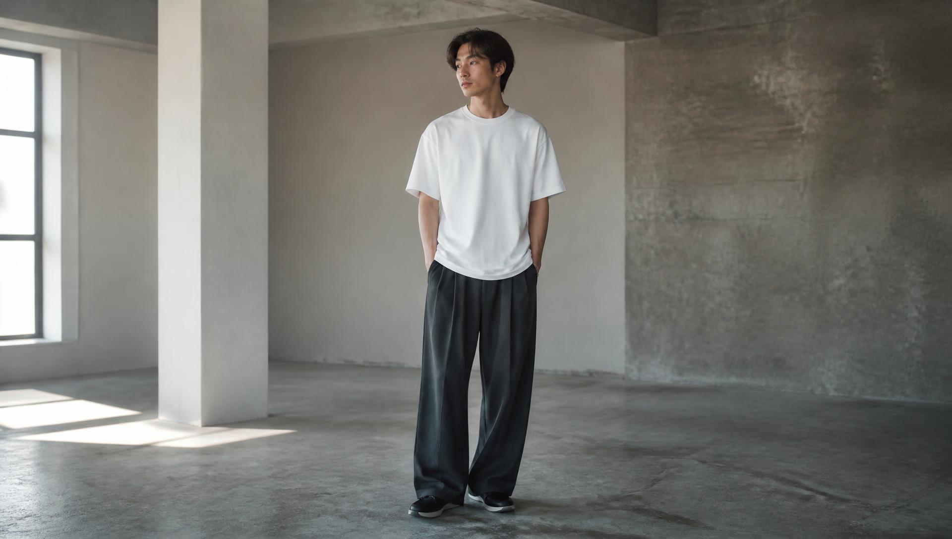 白のヘビーウェイトTシャツを着たモデルの着用イメージ