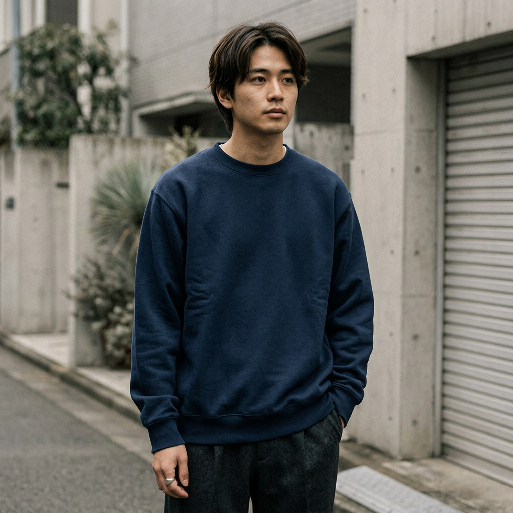 杢グレーのクルーネックスウェットの着用イメージ