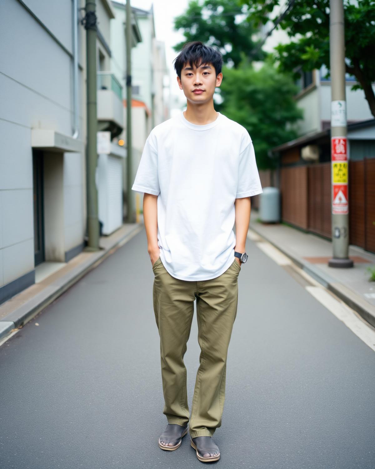 無地Tシャツとワイドパンツの着用イメージ